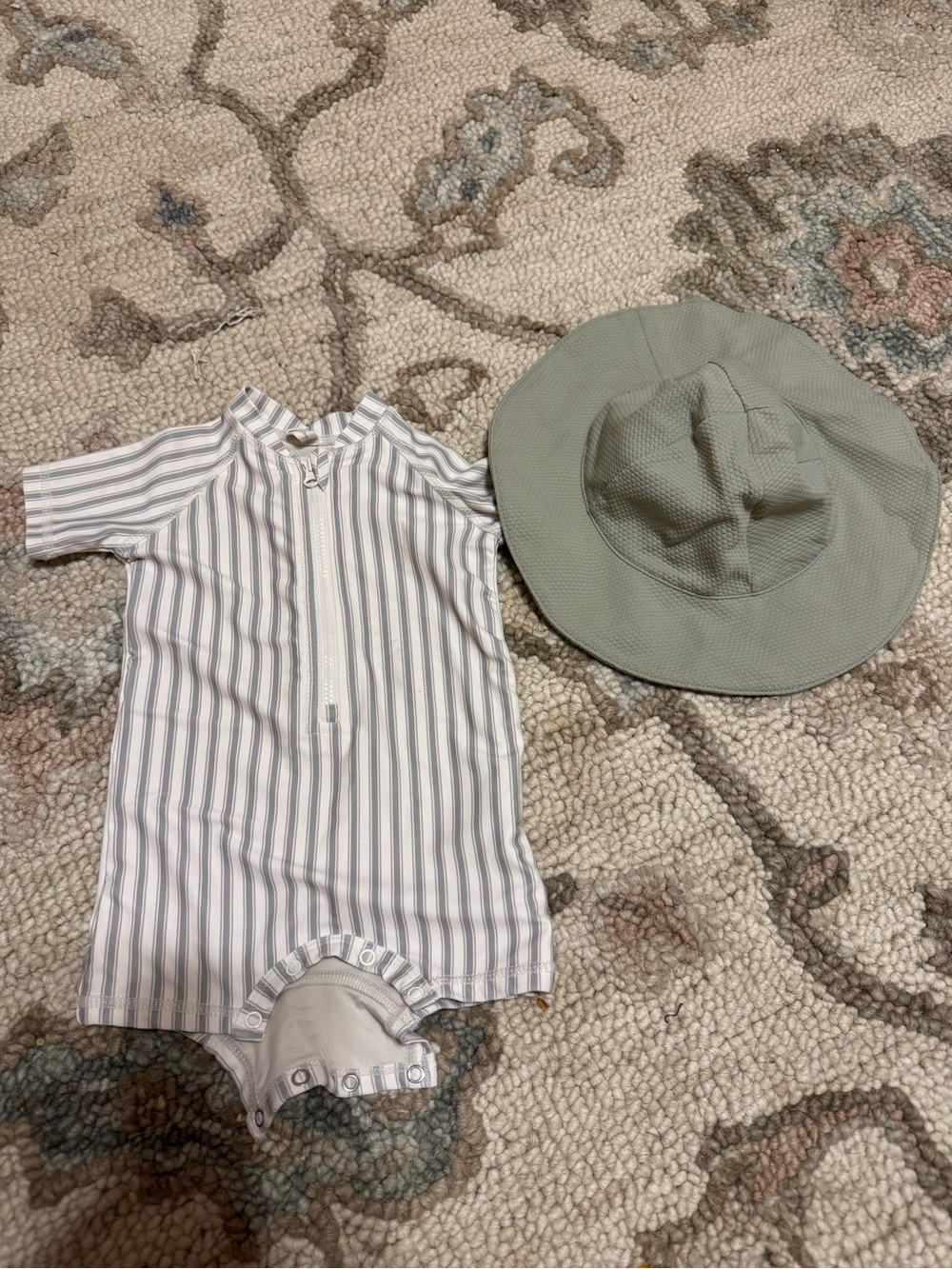 Quincy Mae Gray & White Striped Baby One-Piece with Sage Sun Hat